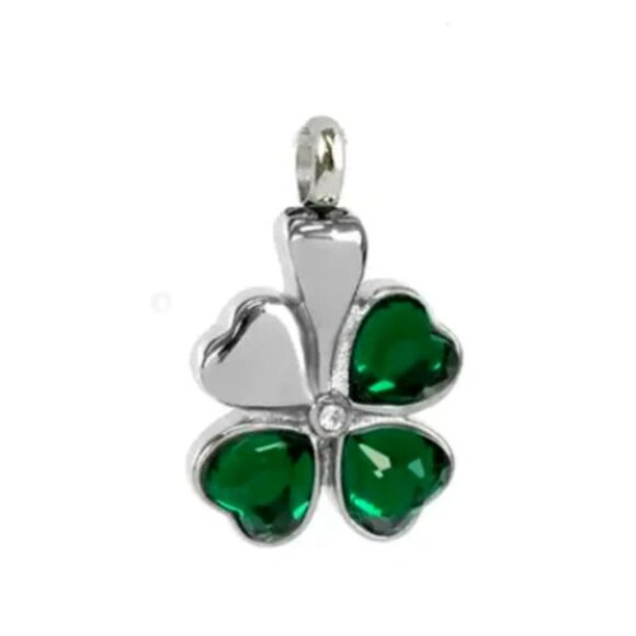 Stainless Steel "Emerald 4-Leaf Clover" Cremation Urn Necklace - Picture 1 of 5